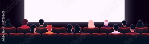 People sitting in cinema hall with white blank screen. View from back. Rows of seats, red cinema chairs. Theater empty scene. Movie theatre. Flat style cartoon design. Vector eps10 illustration.