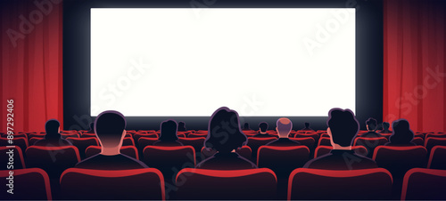 People sitting in cinema hall with white blank screen. View from back. Rows of seats, red cinema chairs. Theater empty scene. Movie theatre. Flat style cartoon design. Vector eps10 illustration.