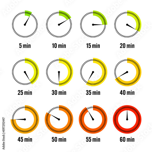 Simple stopwatch icons. Colorful chronometer, time counter with dial. Countdown timer showing hours and minutes. Deadline, measurement for sport. Cooking time label, sticker. Vector illustration