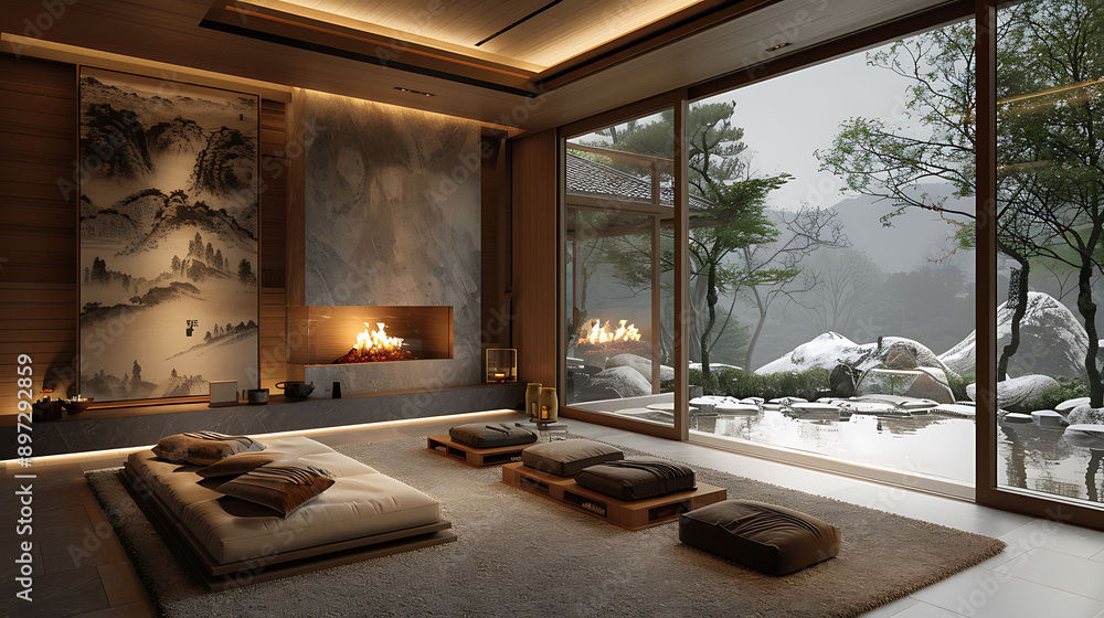 Obraz premium Comfortable guest room featuring a warm fireplace and a cozy seating area, perfect for relaxation and unwinding in style.