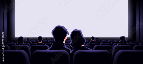 Couple in love sitting in cinema hall with blank screen. View from back. Rows of seats, red cinema chairs. Theater empty scene. Movie theatre. Flat style cartoon design. Vector eps10 illustration.