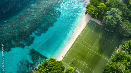 Pristine Football Soccer Field Situated on a Lush Island Sea. 