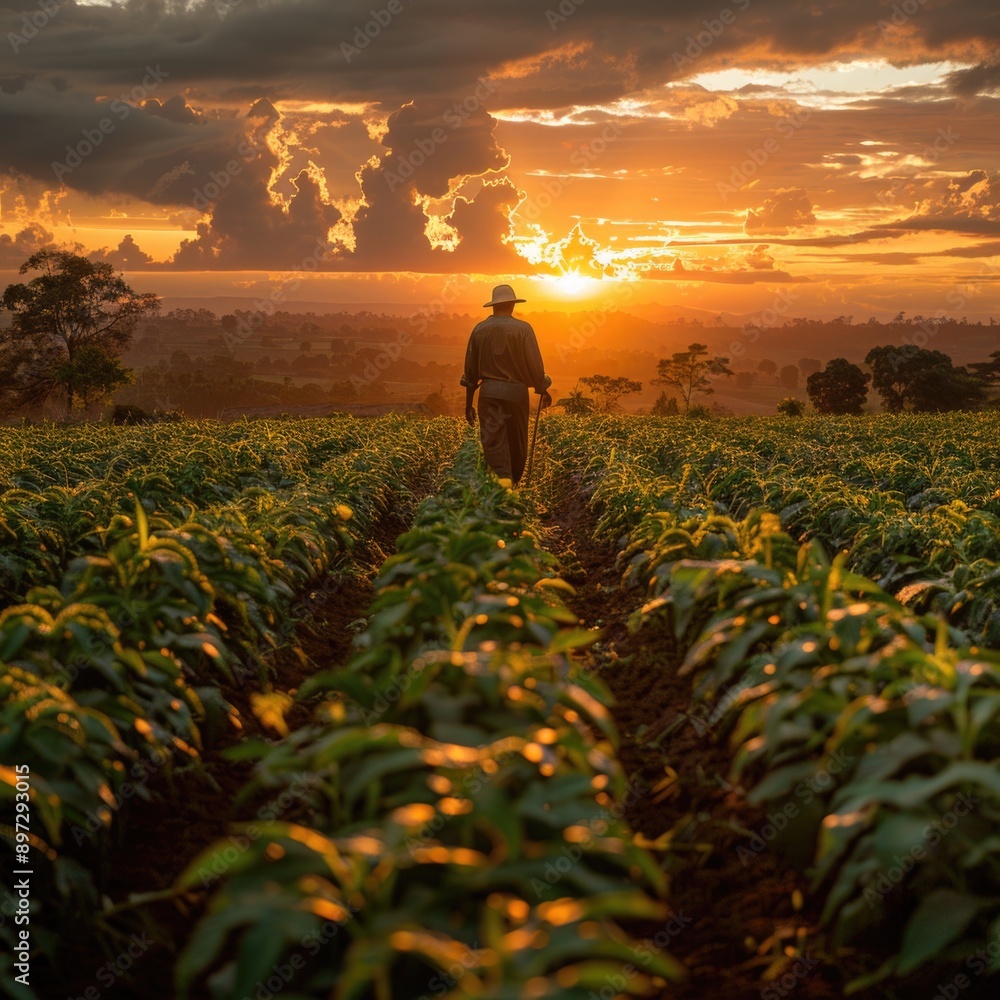 African cassava farmer walking with hoe in field at sunset, rural agricultural scene