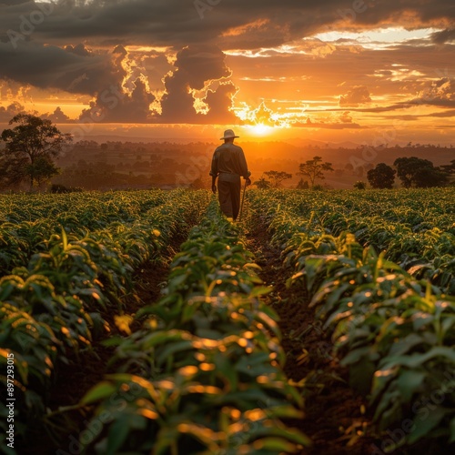 Obraz na płótnie African cassava farmer walking with hoe in field at sunset, rural agricultural scene w salonie