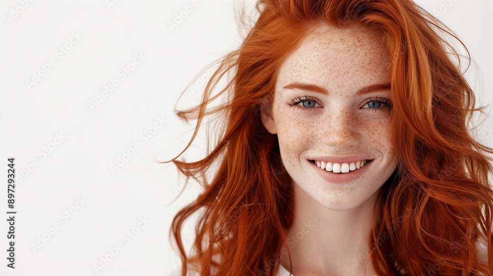 Fototapeta premium Closeup of happy attractive young woman with long wavy red hair and freckles wears stylish t shirt looks happy and smiling isolated over white background.