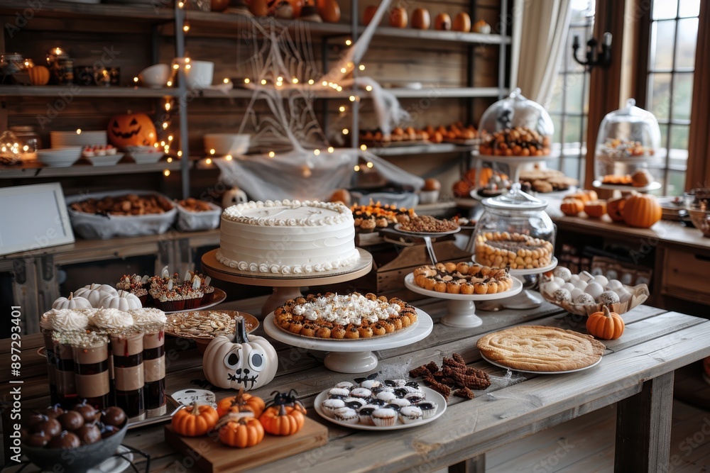 An inviting dessert spread featuring various pumpkin-themed desserts arranged for a Halloween party, with cakes, cookies, and festive Halloween decorations adorning the table. An inviting dessert spread featuring various pumpkin-themed desserts arranged for a Halloween party, with cakes, cookies, and festive Halloween decorations adorning the table.