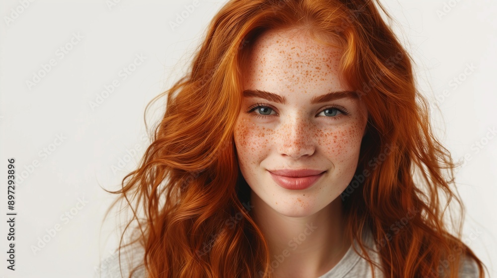 Closeup of happy attractive young woman with long wavy red hair and freckles wears stylish t shirt looks happy and smiling isolated over white background. Closeup of happy attractive young woman with long wavy red hair and freckles wears stylish t shirt looks happy and smiling isolated over white background.