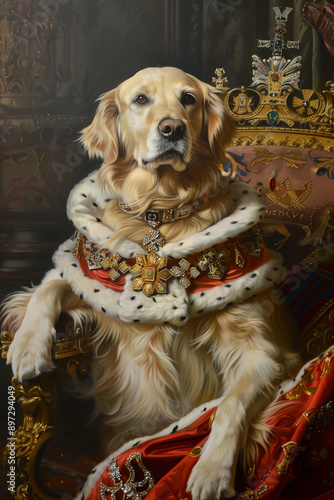 Portrait painting of a Golden Retriever in British king royal attire. A majestic depiction of a Golden Retriever sitting on a royal chair. photo