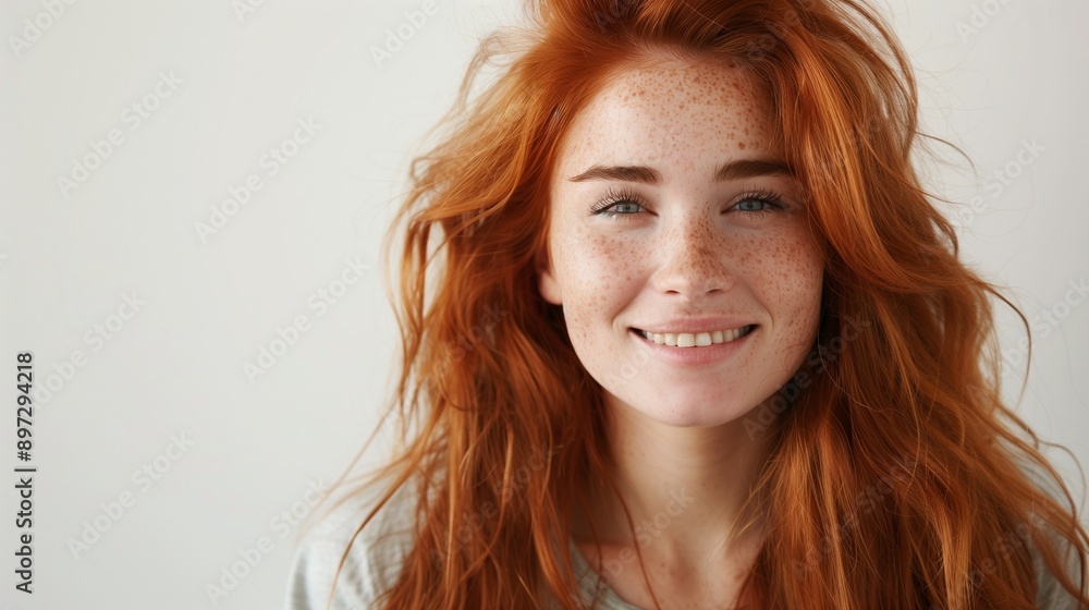 Naklejka premium Closeup of happy attractive young woman with long wavy red hair and freckles wears stylish t shirt looks happy and smiling isolated over white background.