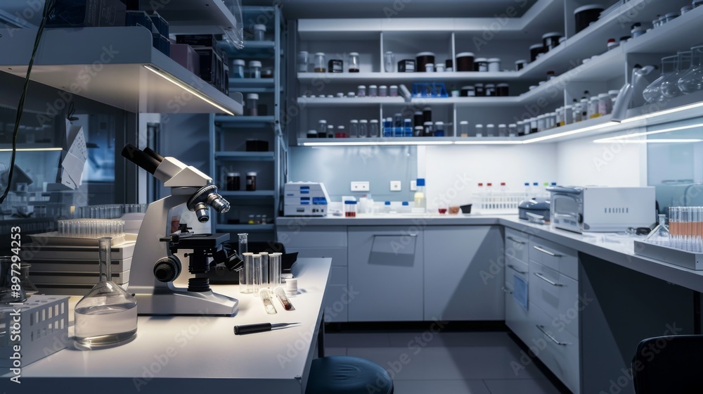Professional Laboratory Scene with Microscope and Test Tubes, Clean Modern Interior with High-Definition Scientific Equipment Details Professional Laboratory Scene with Microscope and Test Tubes, Clean Modern Interior with High-Definition Scientific Equipment Details