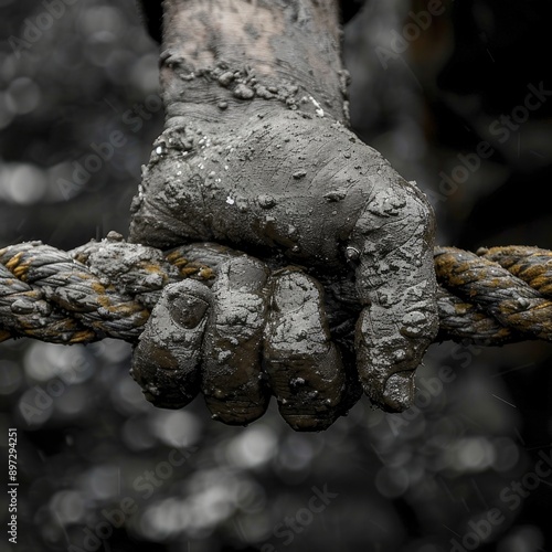Wallpaper Mural Strength in Contrast: A Close-up Portrait of a Mud-Stained Hand Holding a Rugged Rope Torontodigital.ca