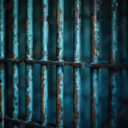 Stark Close-Up of Aged Prison Bars: Symbolizing Confinement and Harsh Correctional Conditions photo