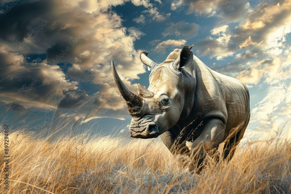 Fototapeta premium A rhino standing in a field of tall grass