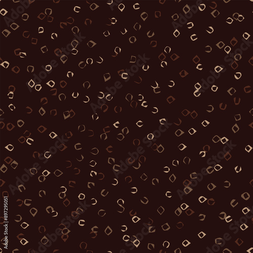 Seamless brown camouflage pattern with chaotic scattered small abstract shapes like rings, brackets, clamps. Random chaotic composition. For apparel, fabric, textile, sport goods.