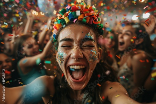 A close-up of a girl at a party, wearing a colorful crown and glitter on her face, smiling widely with a background full of joyful friends and vibrant confetti.