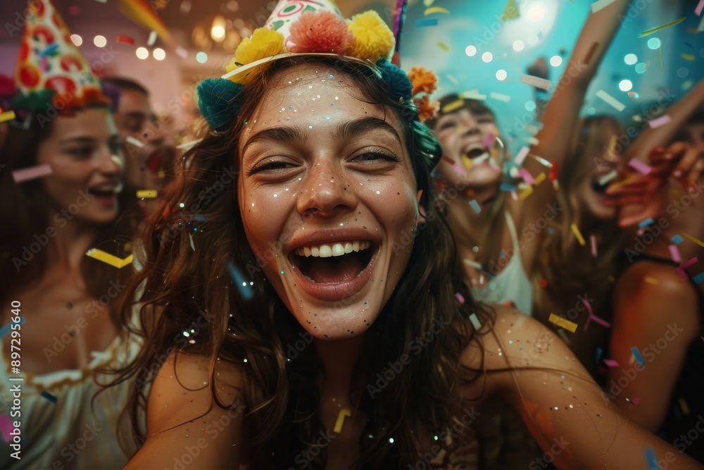 A young woman smiling joyfully with colorful confetti and friends at a lively celebration, creating a vibrant and cheerful party atmosphere with glitter on her face. A young woman smiling joyfully with colorful confetti and friends at a lively celebration, creating a vibrant and cheerful party atmosphere with glitter on her face.