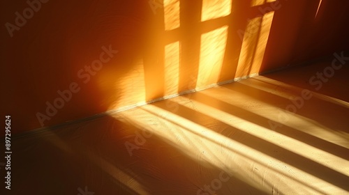 Sunlight streaming through a window is casting shadows on a yellow wall and floor