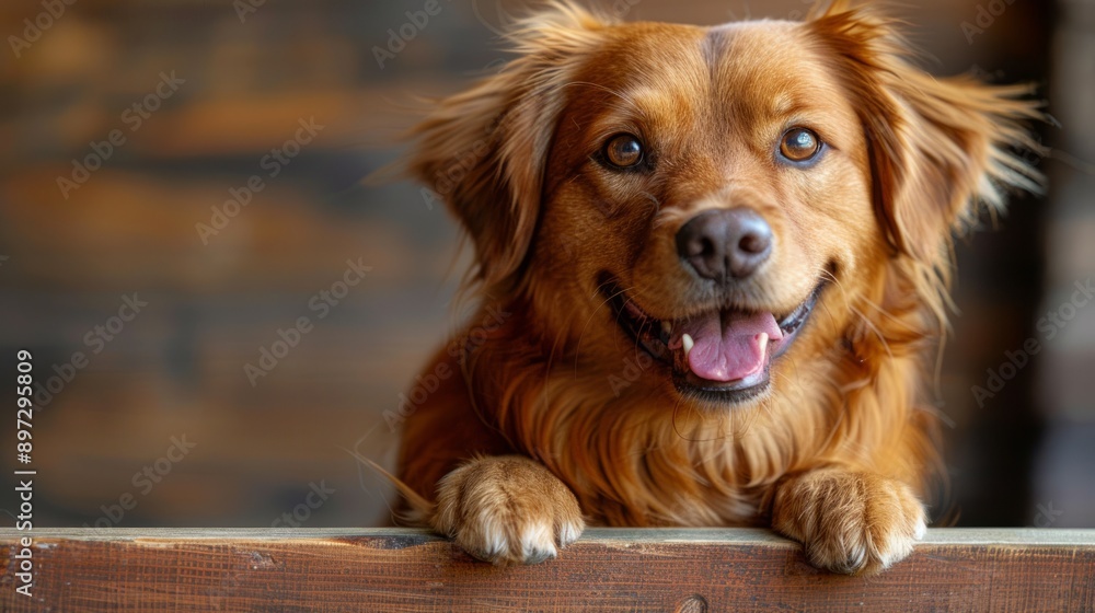 A Golden Retriever's Warm Gaze, Resting Paws on a Wooden Railing. Generative AI A Golden Retriever's Warm Gaze, Resting Paws on a Wooden Railing. Generative AI