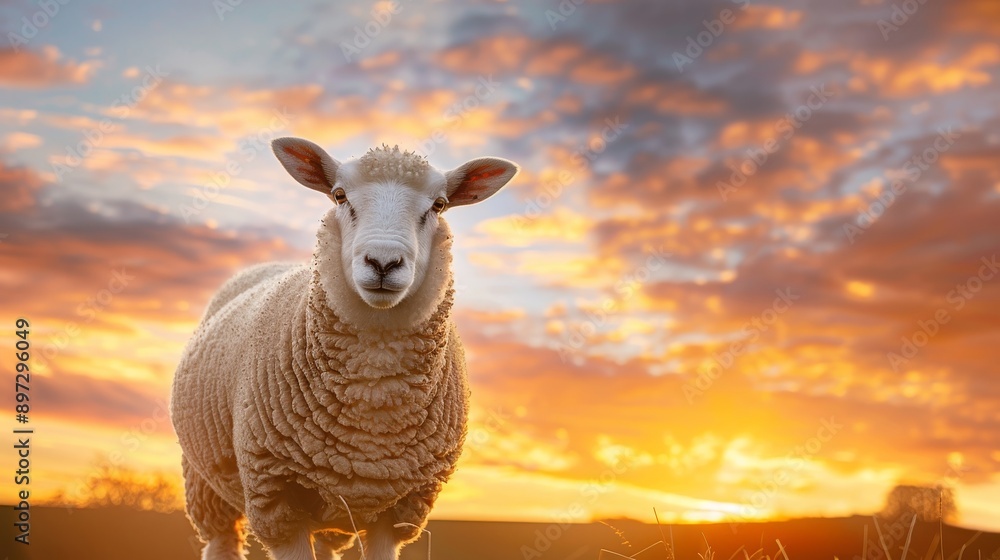 Fototapeta premium white sheep sunset , sheep hill sunset , sunset sheep photo , stunning photo of white sheep on a hill at sunset , high-resolution image of a lone sheep overlooking a sunset