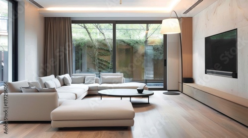 Modern Minimalist Living Room with a Low-Slung Sofa and a Simple Floor Lamp