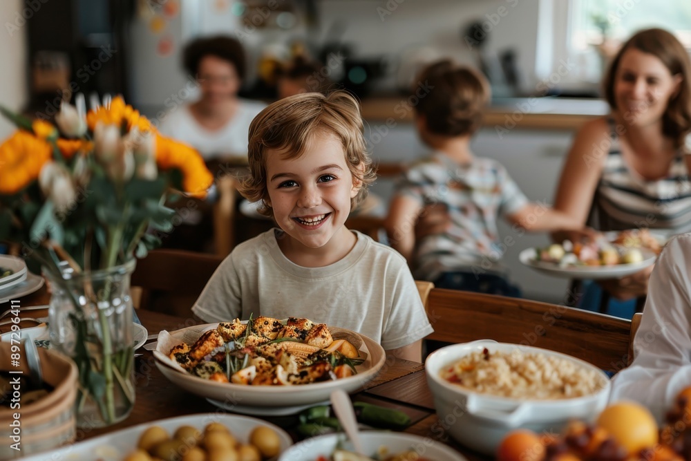 A child with a happy expression enjoying a delicious meal at a family gathering, depicting the joy and comfort of home-cooked food and familial warmth. A child with a happy expression enjoying a delicious meal at a family gathering, depicting the joy and comfort of home-cooked food and familial warmth.