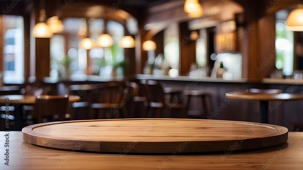 Wooden circular table with blurred background of pub or bar