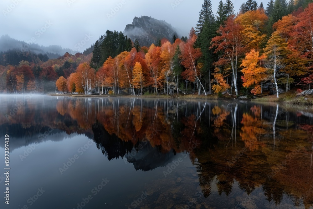Vibrant autumn trees line a serene lake, their vivid colors mirrored perfectly in the still water, creating a picturesque and harmonious natural scene. Vibrant autumn trees line a serene lake, their vivid colors mirrored perfectly in the still water, creating a picturesque and harmonious natural scene.