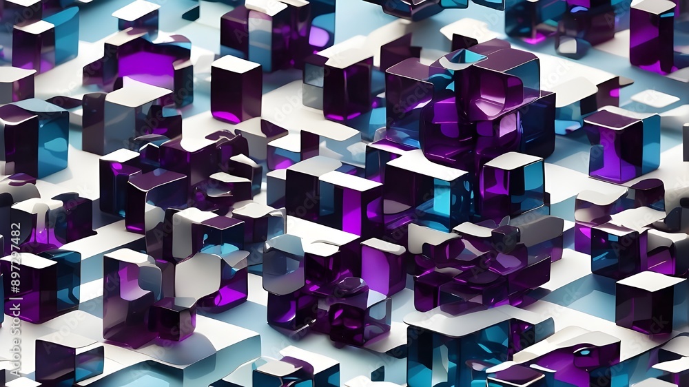 3D geometric pattern in the form of a photogram including blue and purple glass cubes, dark reflections, close-up views, and elongated shapes 3D geometric pattern in the form of a photogram including blue and purple glass cubes, dark reflections, close-up views, and elongated shapes