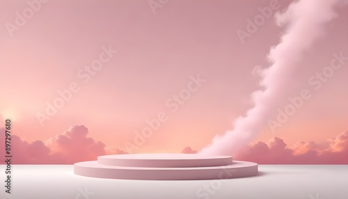 Background pink podium sky 3d platform luxury product beauty display render heaven dreamy stage. Pink stand smoke scene podium white background pastel romantic space sunset abstract backdrop light.