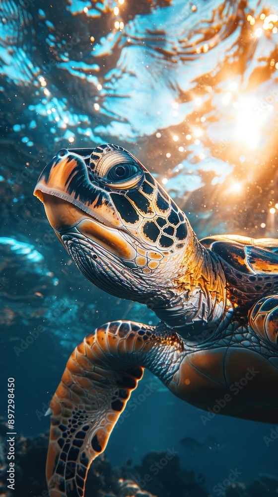 Fototapeta premium Sea turtle gracefully glides through ocean at sunrise.