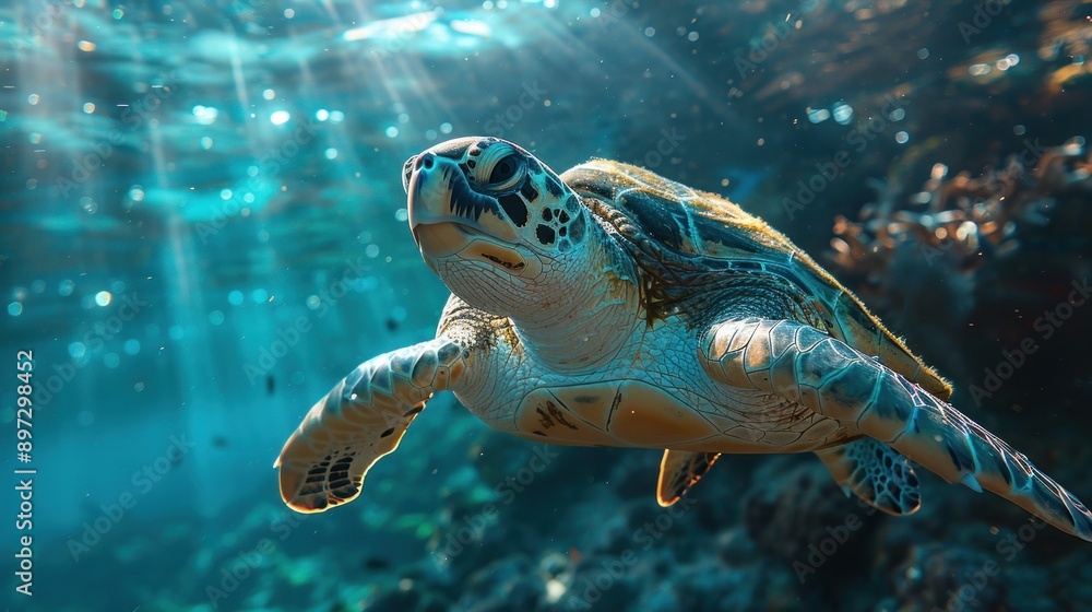 Obraz premium Solitary sea turtle gliding gracefully in sunlight