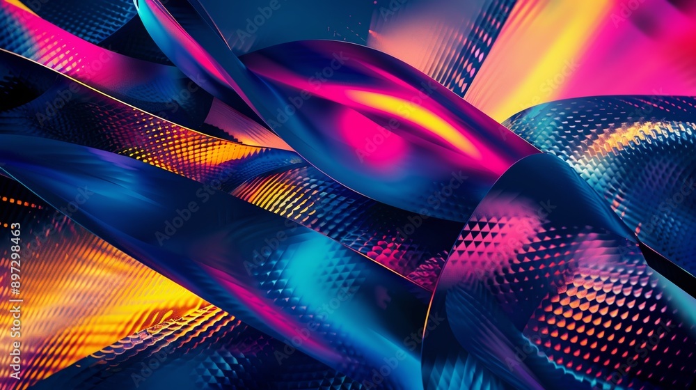 Vibrant neon colors and metallic shapes in abstract background, evoking movement and energy Vibrant neon colors and metallic shapes in abstract background, evoking movement and energy