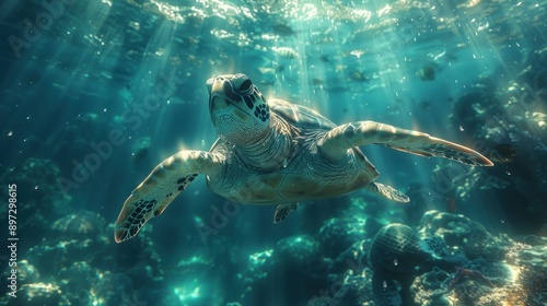 Sea Turtle Swimming in Clear Ocean Waters