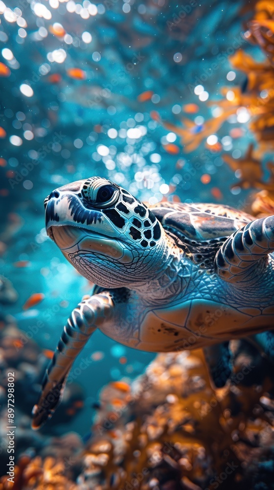 Sea turtle amidst colorful reef fish in a vibrant ocean. Sea turtle amidst colorful reef fish in a vibrant ocean.