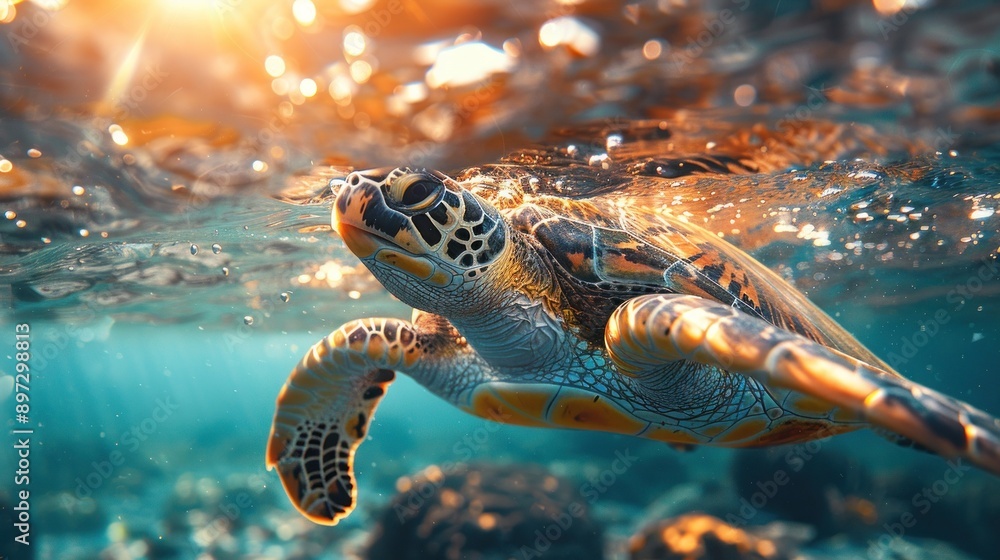 Obraz premium Sea turtle swimming near the ocean surface at sunset time