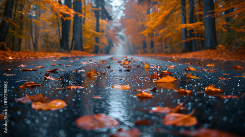 low angle view of wet road in autumn forest on rainy day isolated on white background, space for captions, png photo