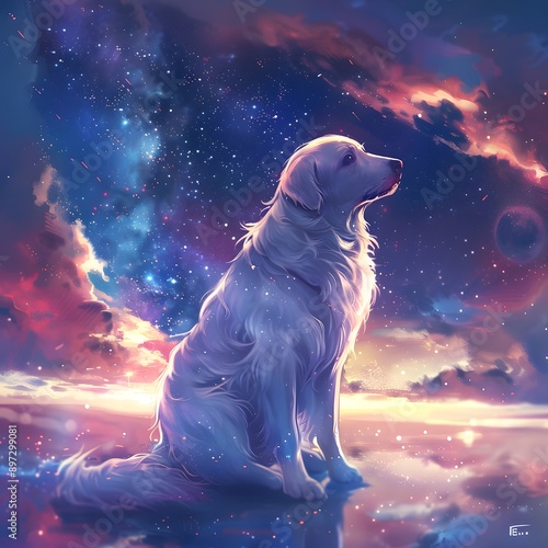 Playful golden retriever puppy, a bundle of joy, with a glowing star amidst an abstract cosmic scene featuring planets, stars, and a distant galaxy photo