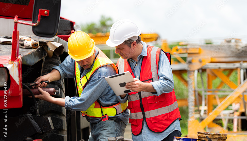Engineers and technicians grease the wheel axle of a large crane before moving to the construction site Engineers and technicians grease the wheel axle of a large crane before moving to the construction site