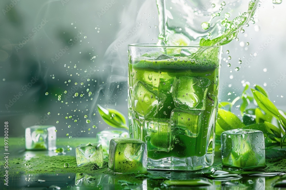 Iced Green Drink with Splash and Ice Cubes Iced Green Drink with Splash and Ice Cubes