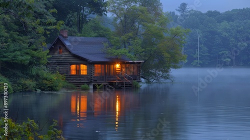 A peaceful lakeside cabin at dusk © Budi