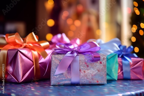 Brightly wrapped presents with decorative bows on a table