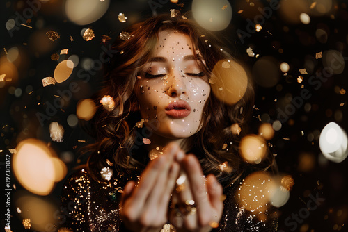 woman wearing glitter festive outfit blowing golden confetti while celebrating New Year on black background