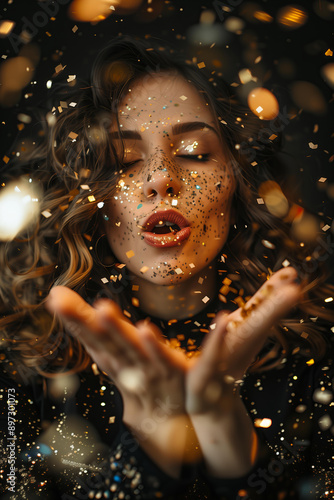 woman wearing glitter festive outfit blowing golden confetti while celebrating New Year on black background photo