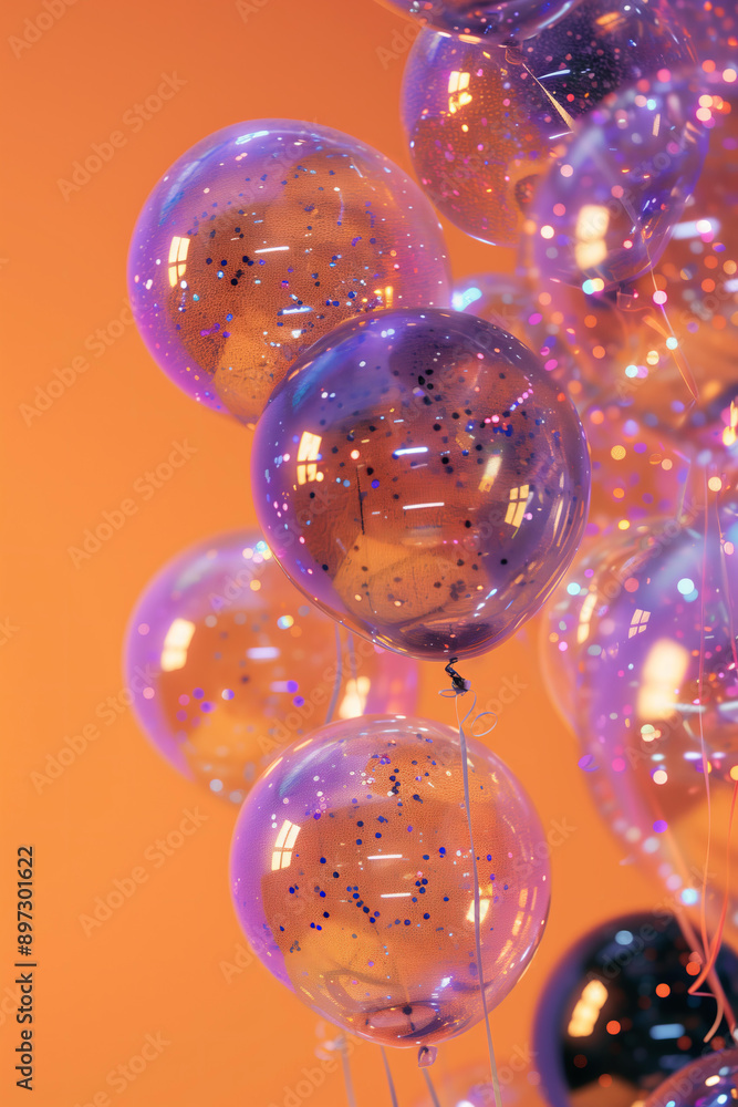 bunch of transparent glittery balloons floating on a pastel orange background, with purple and black colors creating a dreamlike atmosphere, autumn halloween party decorations with copy space bunch of transparent glittery balloons floating on a pastel orange background, with purple and black colors creating a dreamlike atmosphere, autumn halloween party decorations with copy space