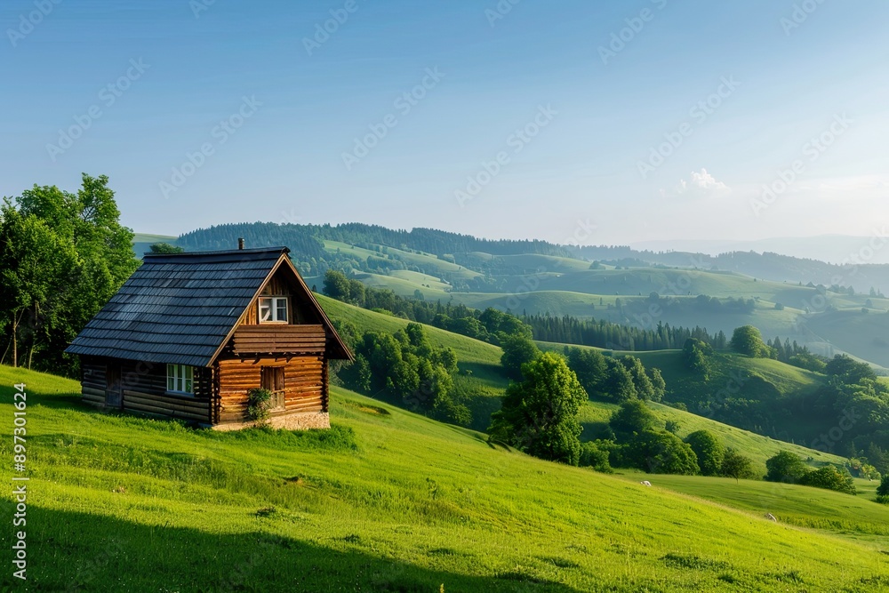 Wooden cabin on a grassy hill with rolling hills in the background. Wooden cabin on a grassy hill with rolling hills in the background.