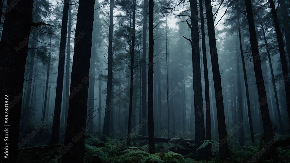 Obraz premium Enigmatic Mist: A hauntingly beautiful forest shrouded in dense fog, where towering trees create an ethereal and mysterious atmosphere.