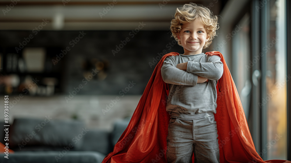 Naklejka premium Little boy pretending to be a superhero at home. He is wearing a red cape.