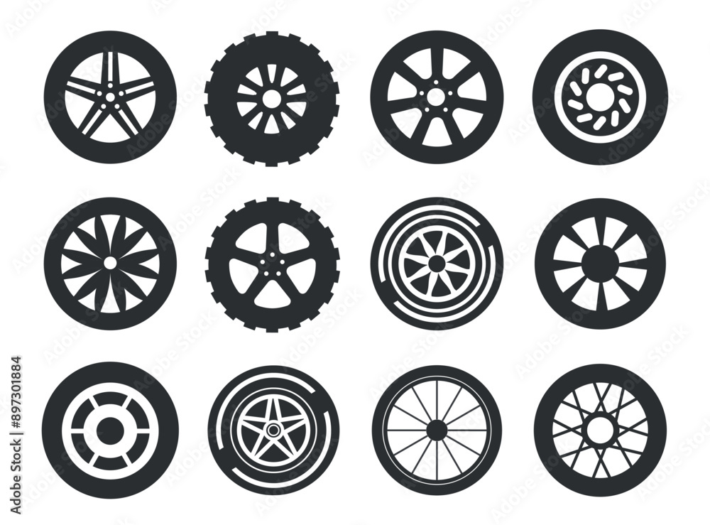 Set of black rubber wheel tire isolated on white background. Vector stock Set of black rubber wheel tire isolated on white background. Vector stock