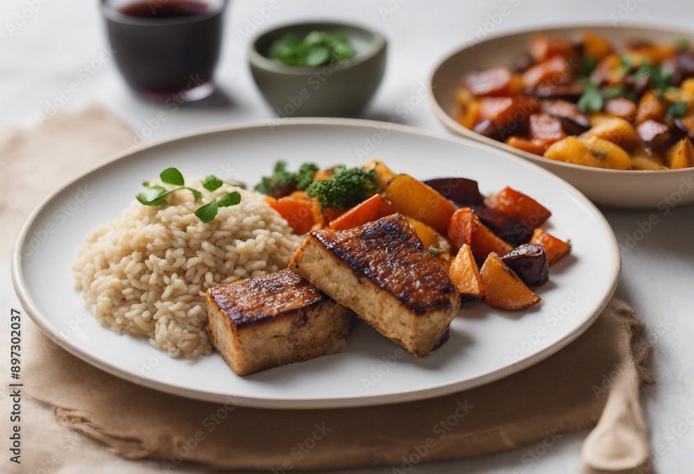 A serving of baked tempeh with roasted vegetables and a side of brown rice on a white background.
A serving of baked tempeh with roasted vegetables and a side of brown rice on a white background.