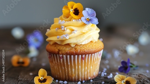 Single exotic passion fruit cupcake with passion fruit frosting and edible flowers 